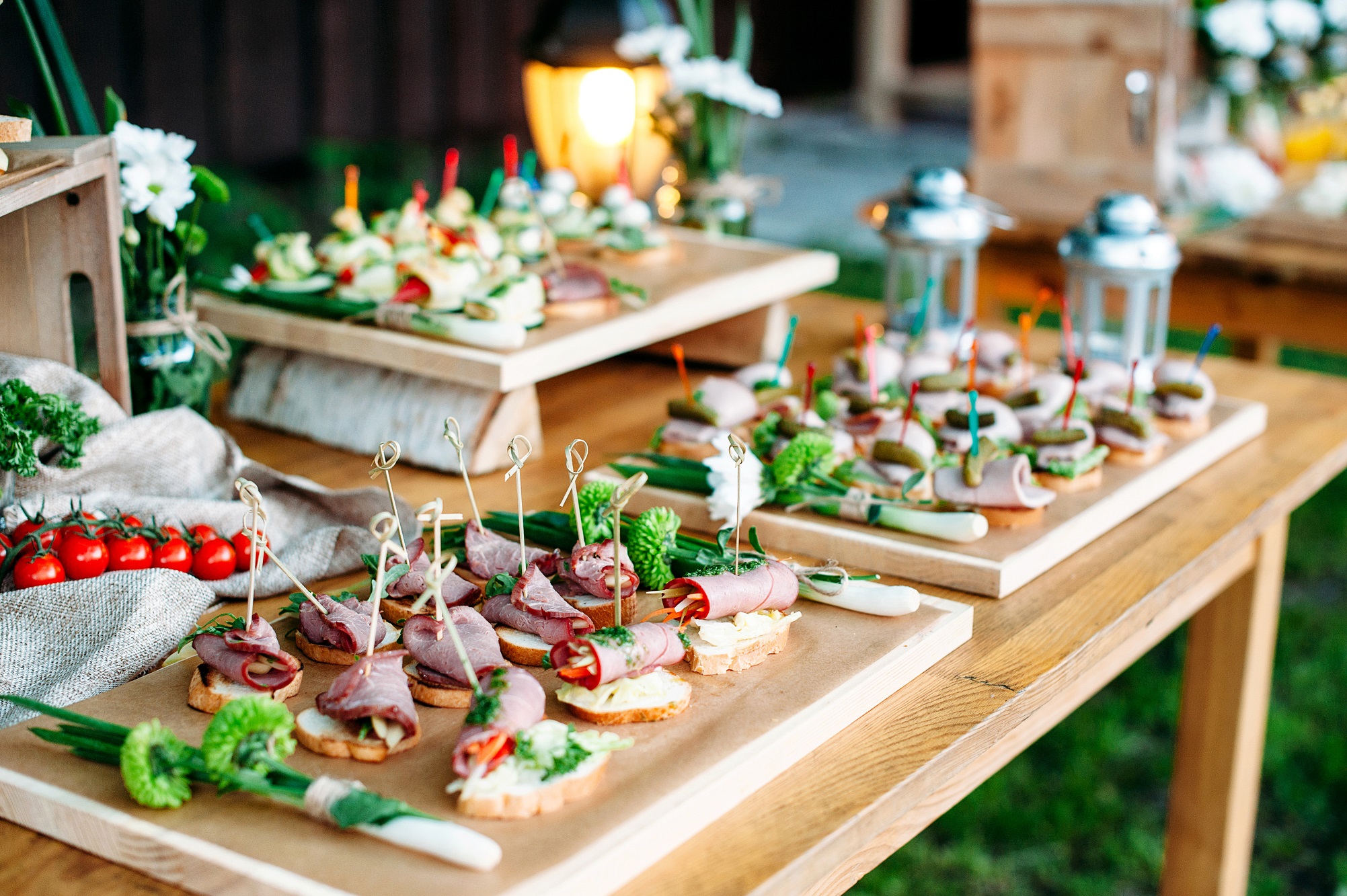 Beautiful Catering Banquet Buffet Table Decorated In Rustic Style In The Garden Different Snacks Sandwiches Outdoor Caterease